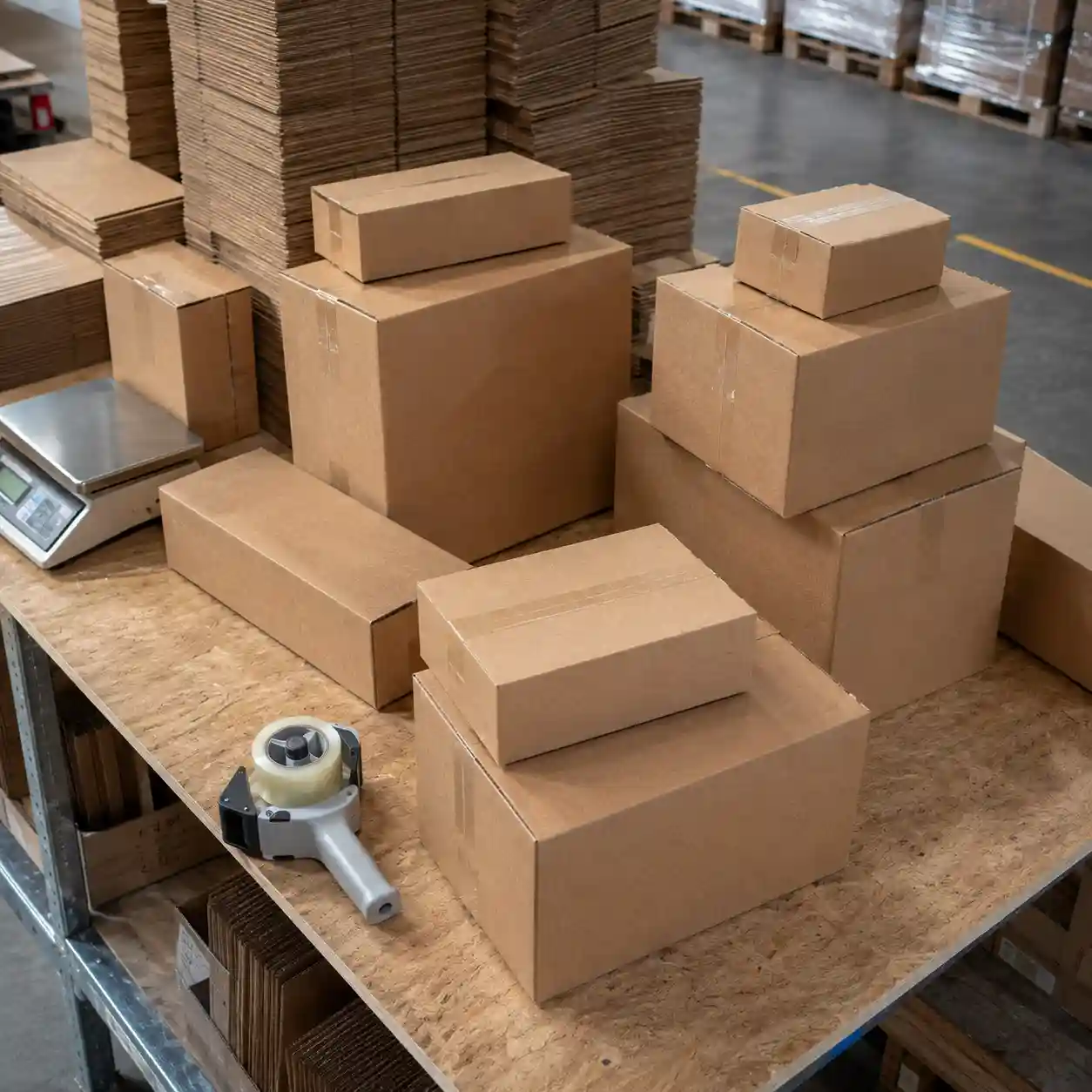 Suministro de Cajas de Cartón Corrugado para E-commerce en Campestre Haras Mesa de trabajo en una bodega de comercio electrónico equipada con cajas de cartón corrugado en distintas medidas, báscula digital y despachador de cinta adhesiva, abastecidas por Plásticos de Puebla en Campestre Haras, Amozoc. El material agiliza el empaque diario y garantiza la protección de mercancía en envíos.