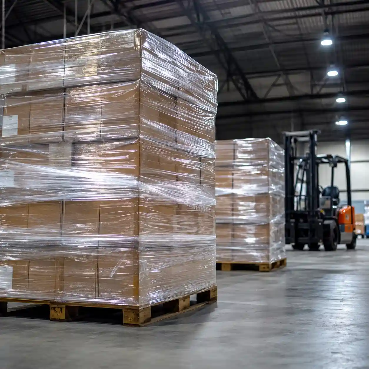 Abasto Programado de Emplaye Industrial para CEDIS en Chachapa, Amozoc Un primer plano de tarimas cargadas con cajas de cartón perfectamente aseguradas con emplaye industrial transparente provisto por Plásticos de Puebla, en un centro de distribución (CEDIS) en San Salvador Chachapa, Amozoc. Al fondo se ve un montacargas operando. La carga muestra cero mermas en estiba gracias al empaque de calidad.