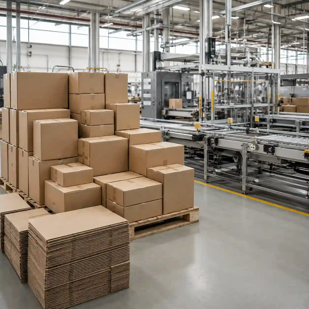 Suministro de Cajas de Cartón Corrugado para Maquiladora en Sanctorum Cajas de cartón corrugado nuevas apiladas junto a una línea de empaque en una maquiladora en Sanctorum, Cuautlancingo