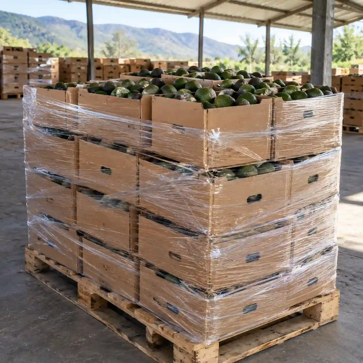 Cajas de cartón con aguacate y tarima emplayada en Atlixco Cajas de cartón corrugado llenas de aguacate estibadas sobre una tarima envuelta en emplaye en un centro de acopio — Atlixco