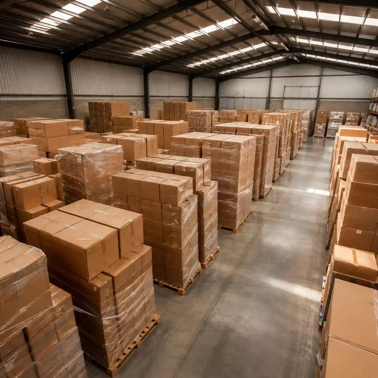 Torres de cajas de cartón corrugado apiladas en filas dentro de una bodega comercial cerca de Amalucan, Puebla