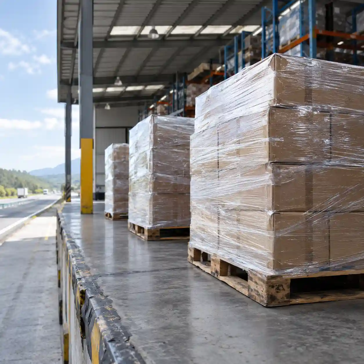 Tarimas de cartón envueltas en varias capas de película stretch transparente en una bodega junto a la Carretera Federal México-Puebla, Huejotzingo