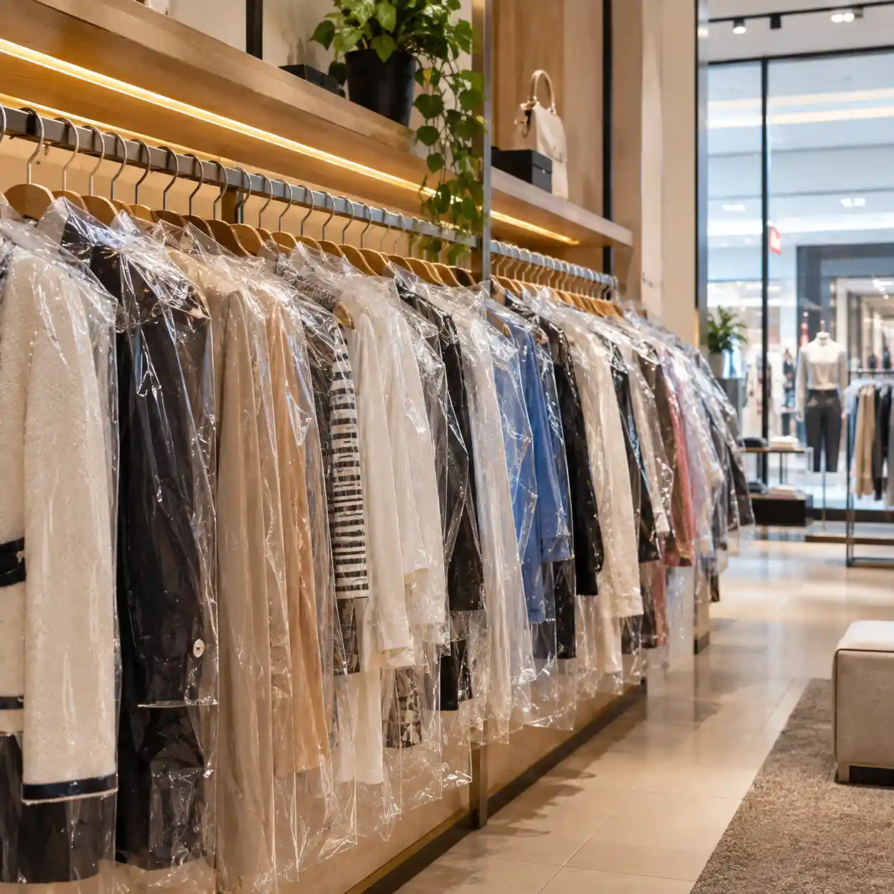 Bolsas cubrepolvo para boutique de plaza comercial en Angelópolis, San Andrés Cholula Prendas colgadas cubiertas con bolsas cubrepolvo de plástico transparente en el aparador de una boutique de plaza comercial en Angelópolis
