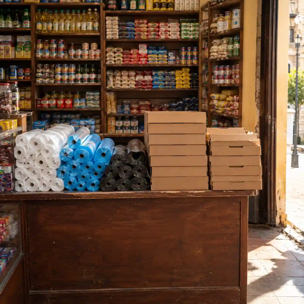 Bolsa de camiseta y cajas al mayoreo en un comercio del Centro de Atlixco Bolsas tipo camiseta y cajas de cartón apiladas en el mostrador de una tienda tradicional del centro — empaques Atlixco