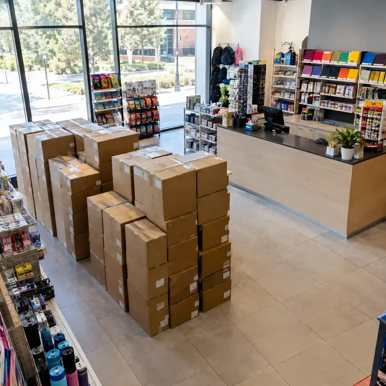 Cajas de cartón para comercio cerca de la UDLAP en San Andrés Cholula Cajas de cartón corrugado apiladas dentro de una tienda de conveniencia cerca del campus de la UDLAP, San Andrés Cholula