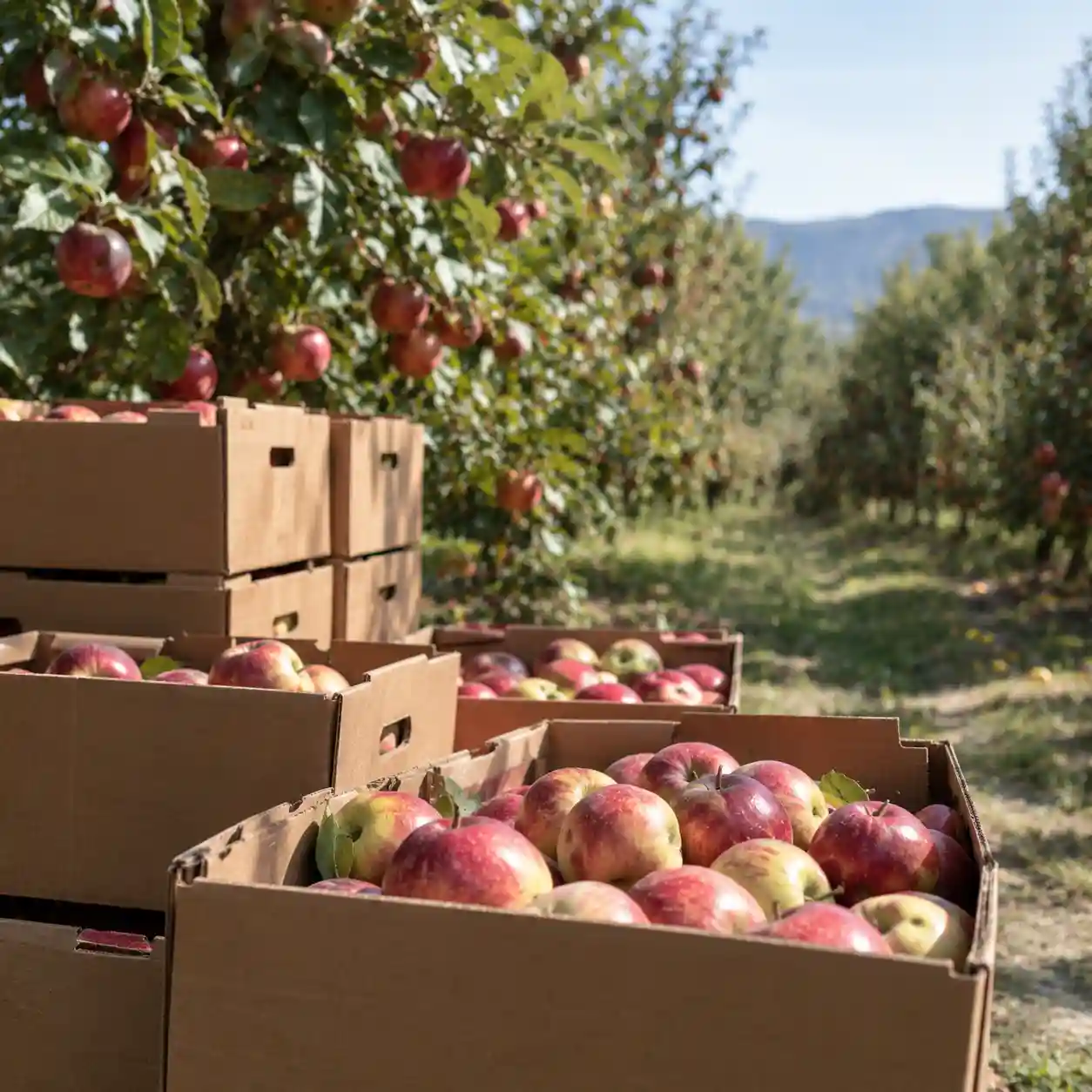 Cajas de cartón corrugado apilándose para empacar manzana recién cosechada en una huerta cerca de San Mateo Capultitlán, Huejotzingo