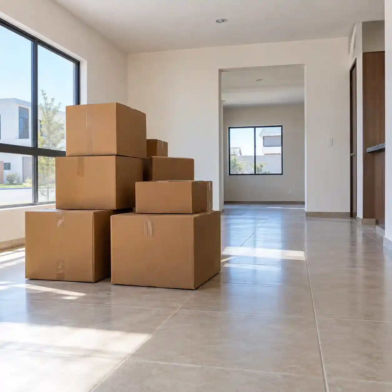 Cajas de cartón para mudanza a fraccionamiento nuevo en San Francisco Ocotlán, Coronango Cajas de cartón corrugado apiladas dentro de una casa nueva durante una mudanza en un fraccionamiento de San Francisco Ocotlán, Coronango