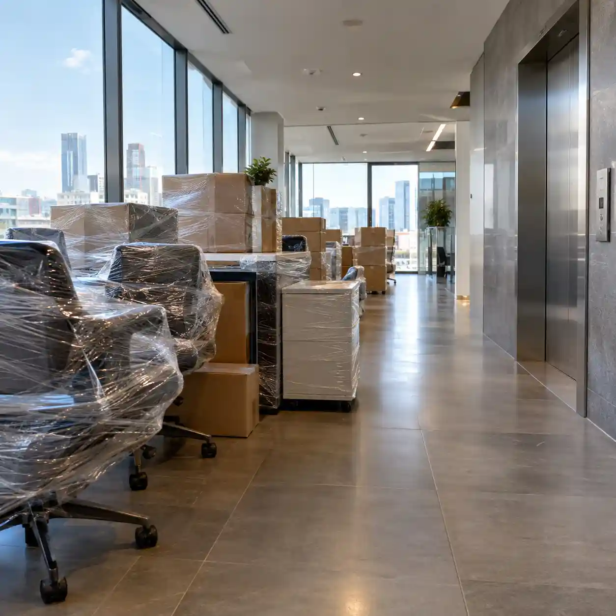 Emplaye industrial para mudanza de oficina en Angelópolis, San Andrés Cholula Cajas y mobiliario de oficina envueltos en película stretch transparente durante una mudanza en un edificio corporativo de Angelópolis, San Andrés Cholula
