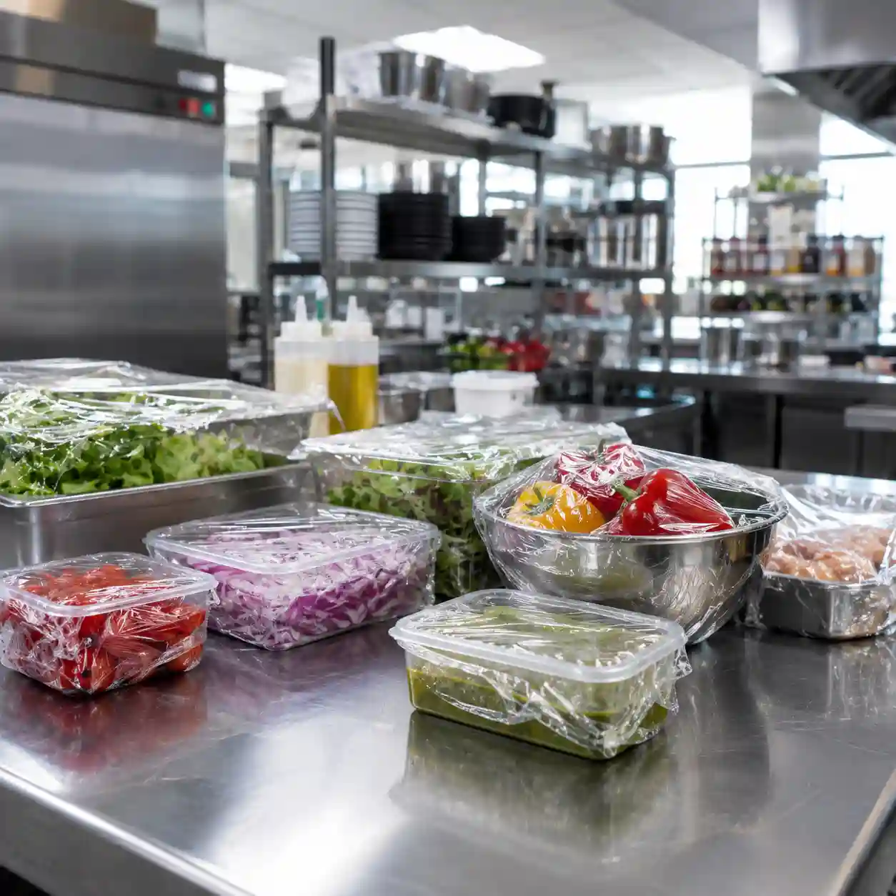 Emplaye y bolsa negra para restaurante cerca de Sonata Town Center, Ocoyucan Insumos y bolsas de basura envueltos en película stretch transparente en la cocina de un restaurante cerca de Sonata Town Center, Ocoyucan
