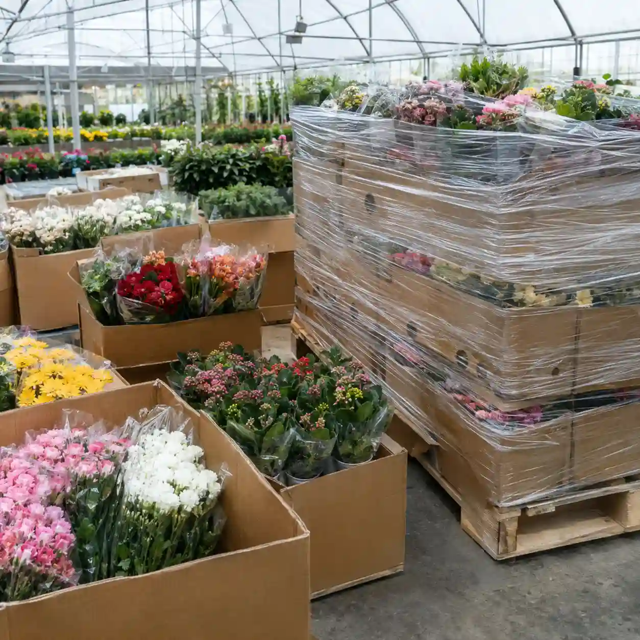 Cajas y emplaye protegiendo flor en un vivero de Atlixco Ramos y macetas de flor embaladas en cajas de cartón y película stretch listas para envío en un vivero — empaques Atlixco