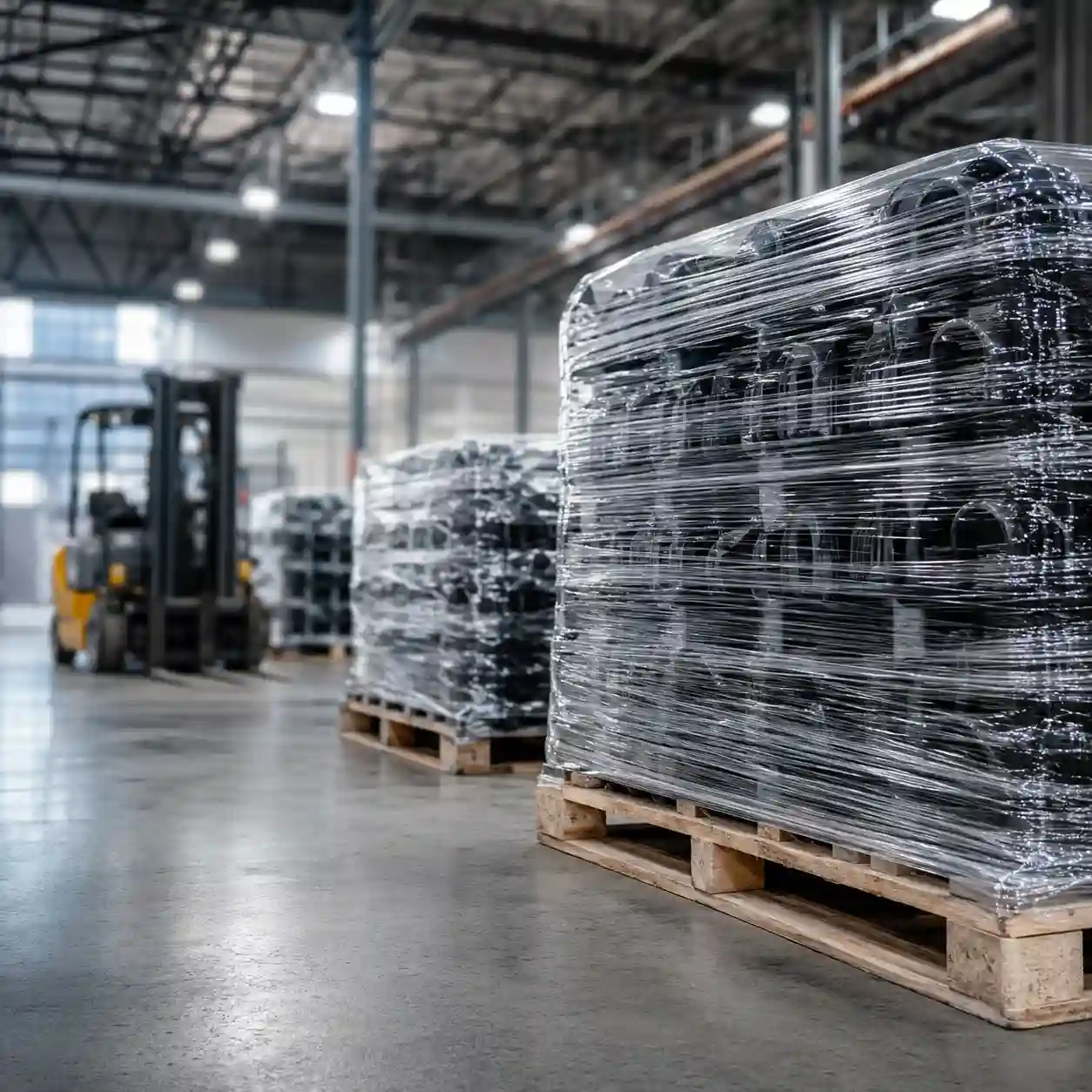 Abasto Justo a Tiempo de Emplaye Industrial para Proveedor Automotriz en San Lorenzo Almecatla Tarimas de autopartes envueltas en emplaye stretch listas para embarque en una planta del parque industrial FINSA en San Lorenzo Almecatla, Cuautlancingo